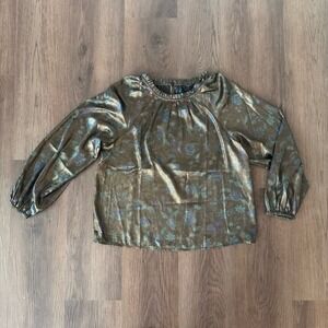 Ann Taylor Factory Petite Metallic Floral Long Sleeve Blouse‎ Shirt Top S